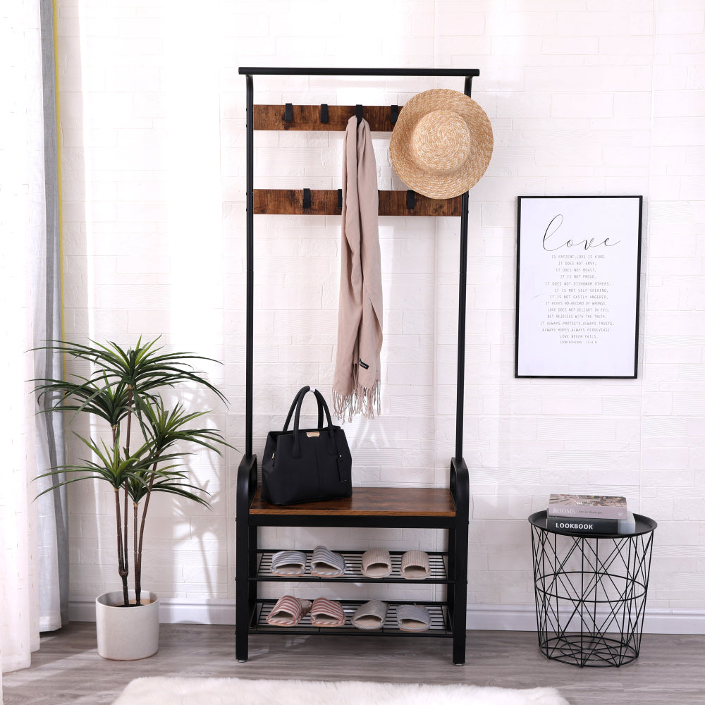 Coat Rack, Hall Tree with Shoe Bench for Entryway, Entryway Bench with Coat Rack, 4-in-1, with 9 Removable Hooks, a Hanging Rod, 13.8 x 25.2 x 72.8 Inches, Rustic Brown and Black