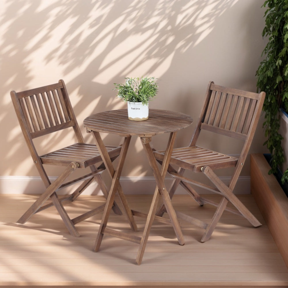 3-Piece Acacia Wood Bistro Set, Wooden Folding Patio Furniture for Garden Backyard Balcony Porch w/ 1 Coffee Table and 2 Foldable Chairs, Natural Stained