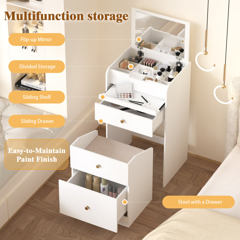 Small Vanity Desk with Mirror - White Makeup Vanitys Set Make up Table with Chair, Drawers, Mini Space Saving Cute Dressing Table for Girls Bedroom Living room