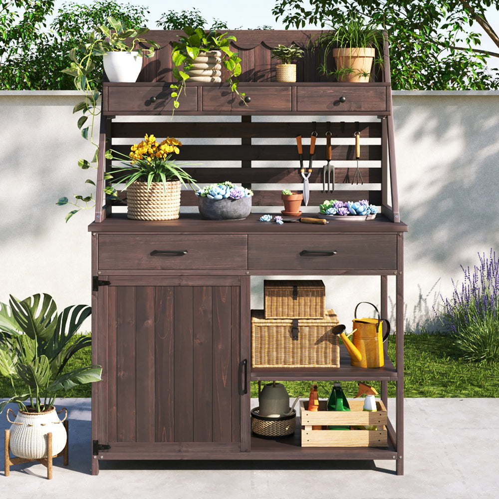 Brown Fir Wood Potting Bench - 5-Drawer Garden Workstation with Slatted Back Panel & Storage Cabinet