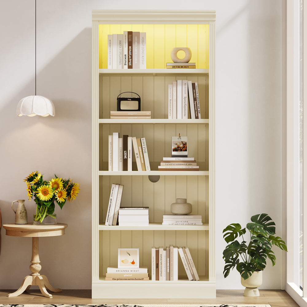83.4" Tall Wood Bookcase with light strip,5-Tier Decor Bookshelves with Adjustable Shelves,Storage Organizer for CDs/Books,Free Standing Storage Shelves for Living Room,Home Office,Beige and Yellow