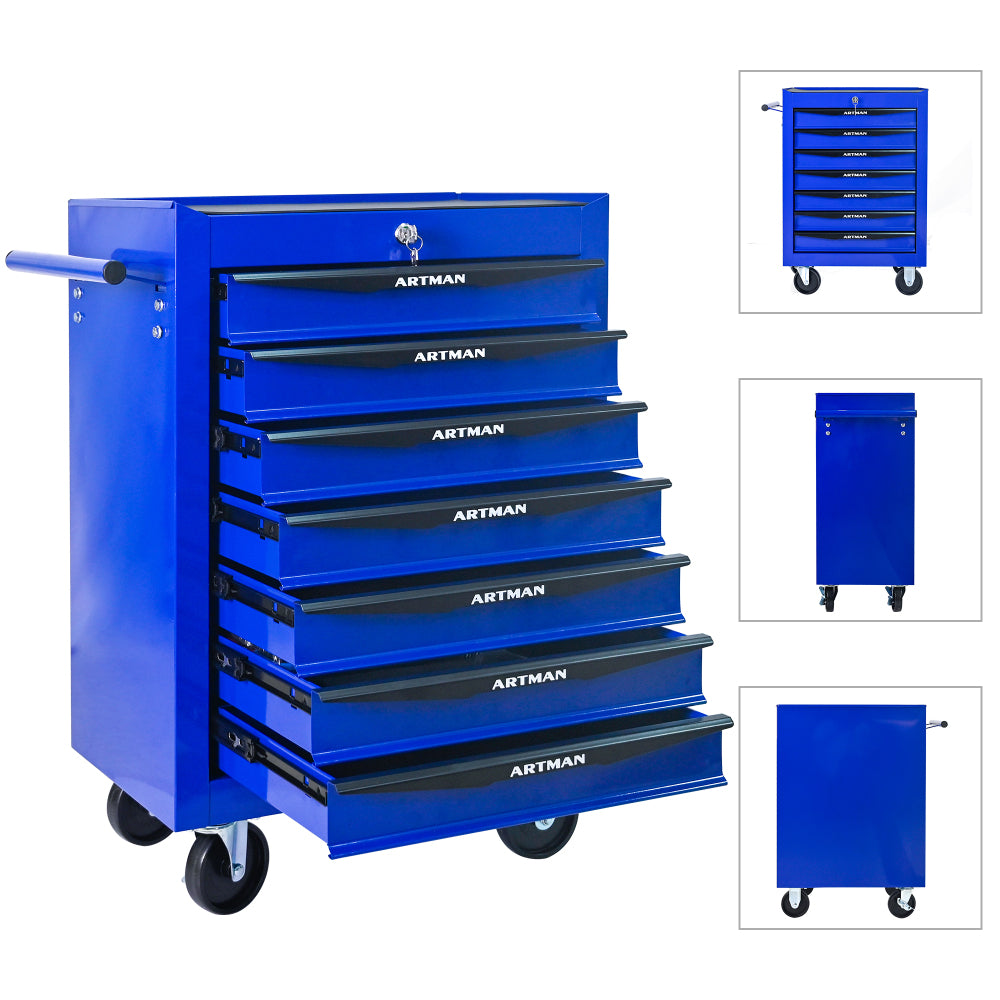 Rolling Metal Tool Chest with 7 Drawers, 20" 7-Drawer Tool Chest Cabinet with Ball Bearing Drawer Slides, Steel Tool Storage Box Organizer -BLACK&BLUE