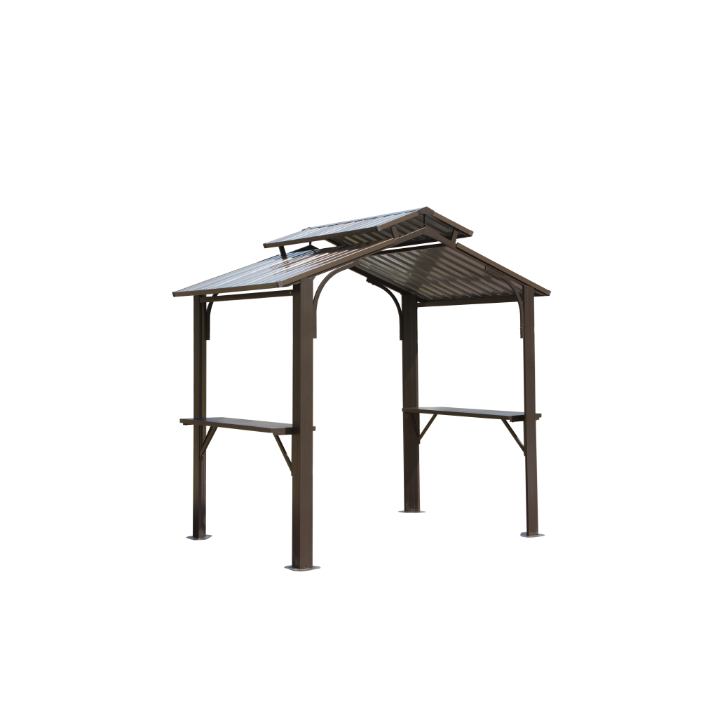 8×5FT Hardtop Grill Gazebo, Outdoor BBQ Gazebo w/Galvanized Steel Double Roof, Permanent Sun Shade Grill Canopy Shelter with 2 Side Shelves and Ceiling Hook for Patio Deck Yard Garden (Grey)