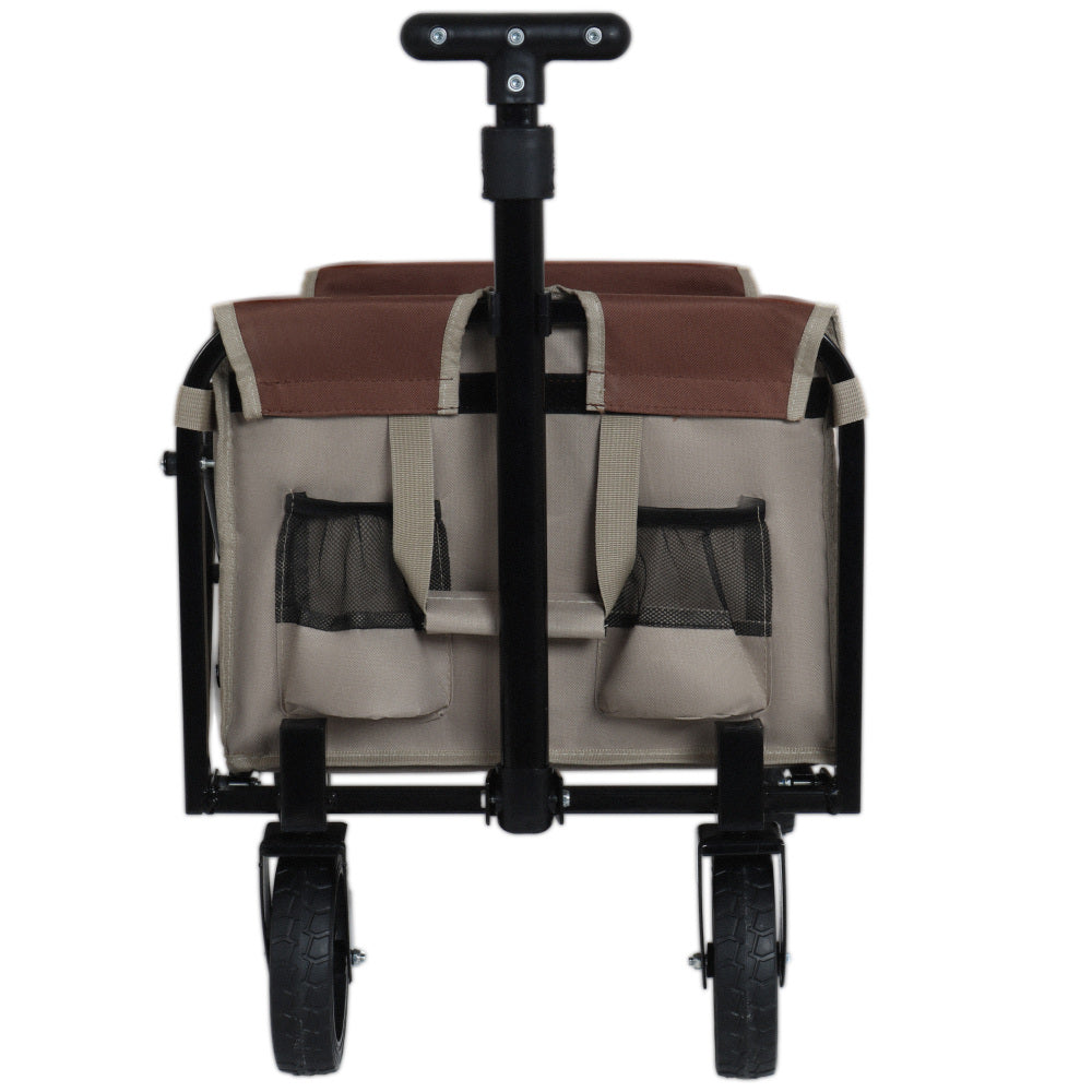 All-in-One Convertible Folding Camping Wagon Cart: Bench Seat, Storage Compartment & Included Dog Tether, Beige/Brown