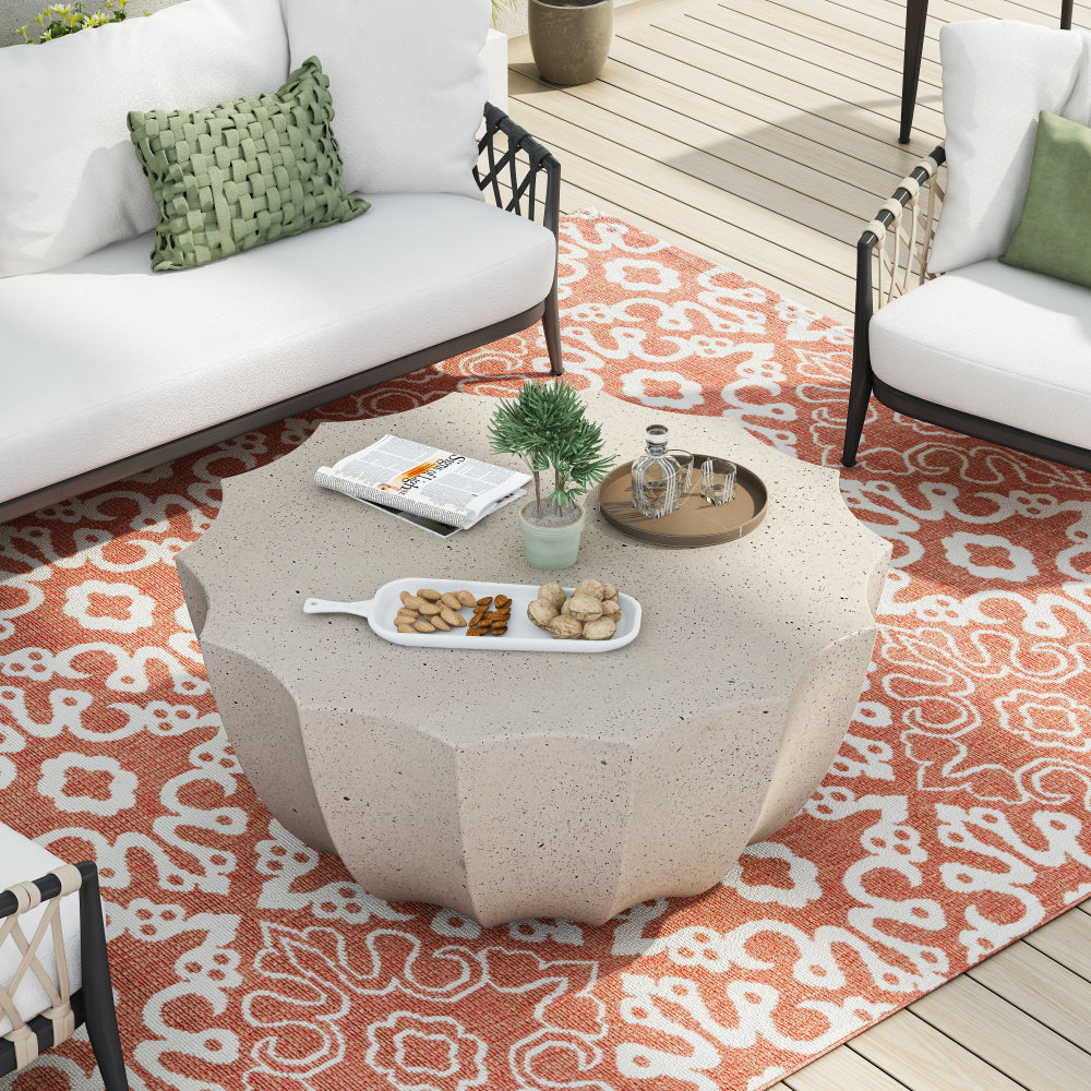 35.43" Modern Outdoor and Indoor Waterproof Coffee Table, Durable MgO Cement Design, Suitable for Terraces, Gardens, Backyards and Living Rooms ( White)