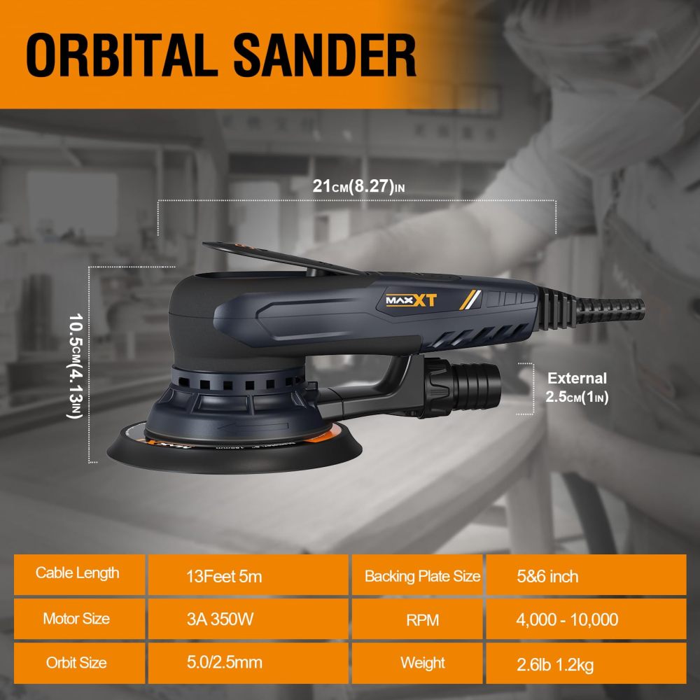 Electric 5mm Random Orbital Sander with Tool Case, Variable Speed Palm Sander with Brushless Motor, 5&6Inch Sanding Pads, Sanders for Woodworking, Primary Wood and Panel Processing