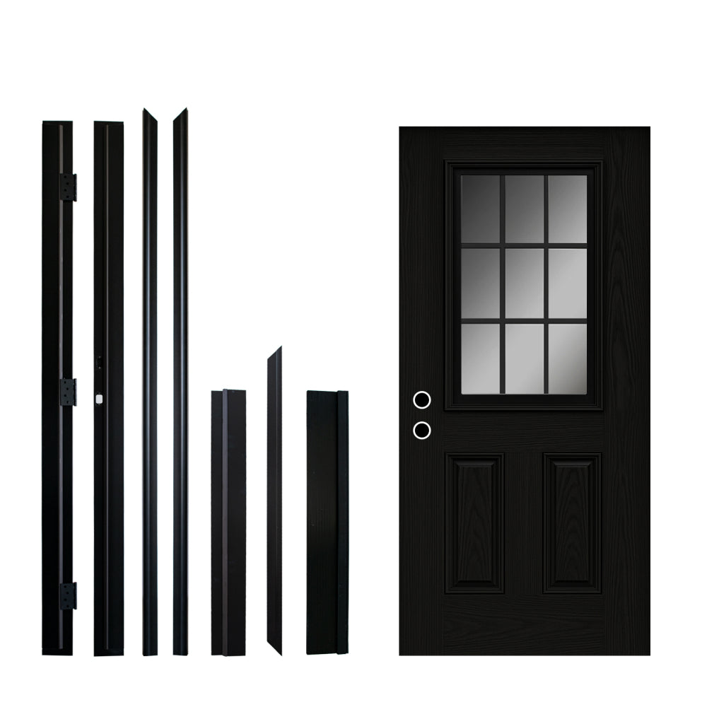 36 x 80 Fiberglass Entry Door with Brickmould, 6-9/16 in. Vinyl Frame,9 Lite Frosted Glass - Front Door for Home's Front Entrance, Right Hand Inswing, Black Wooden Grain Knock-Down Door