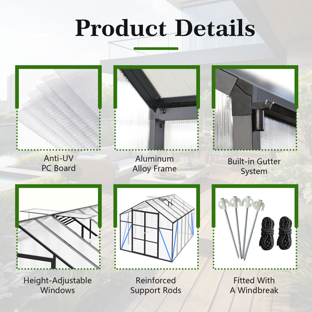Newly Design Greenhouse 8x12 FT Polycarbonate Greenhouse Raised Base and Anchor Aluminum Heavy Duty Walk-in Greenhouses for Outdoor Backyard in All Season