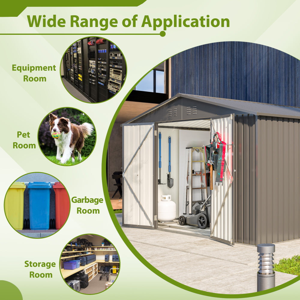 10X8 FT Outdoor Storage Shed, All Weather Metal Sheds with Lockable Doors, Tool Shed for Garden, Patio, Backyard, Lawn, Black