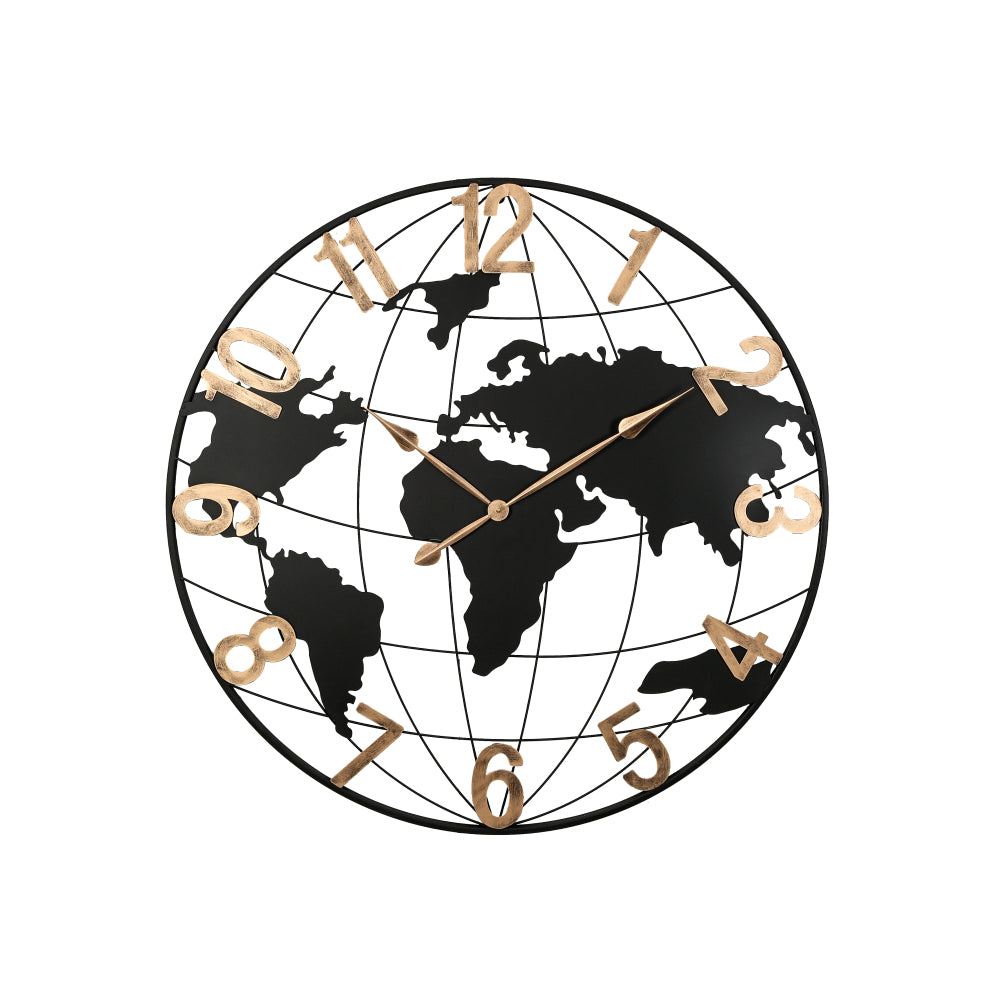 36 Inch Large Black Metal Wall Clock, Modern Silent World Map Wall Clock with Gold Pointers, Decorative for Living Room, Entryway, Dinning Room, Bedroom