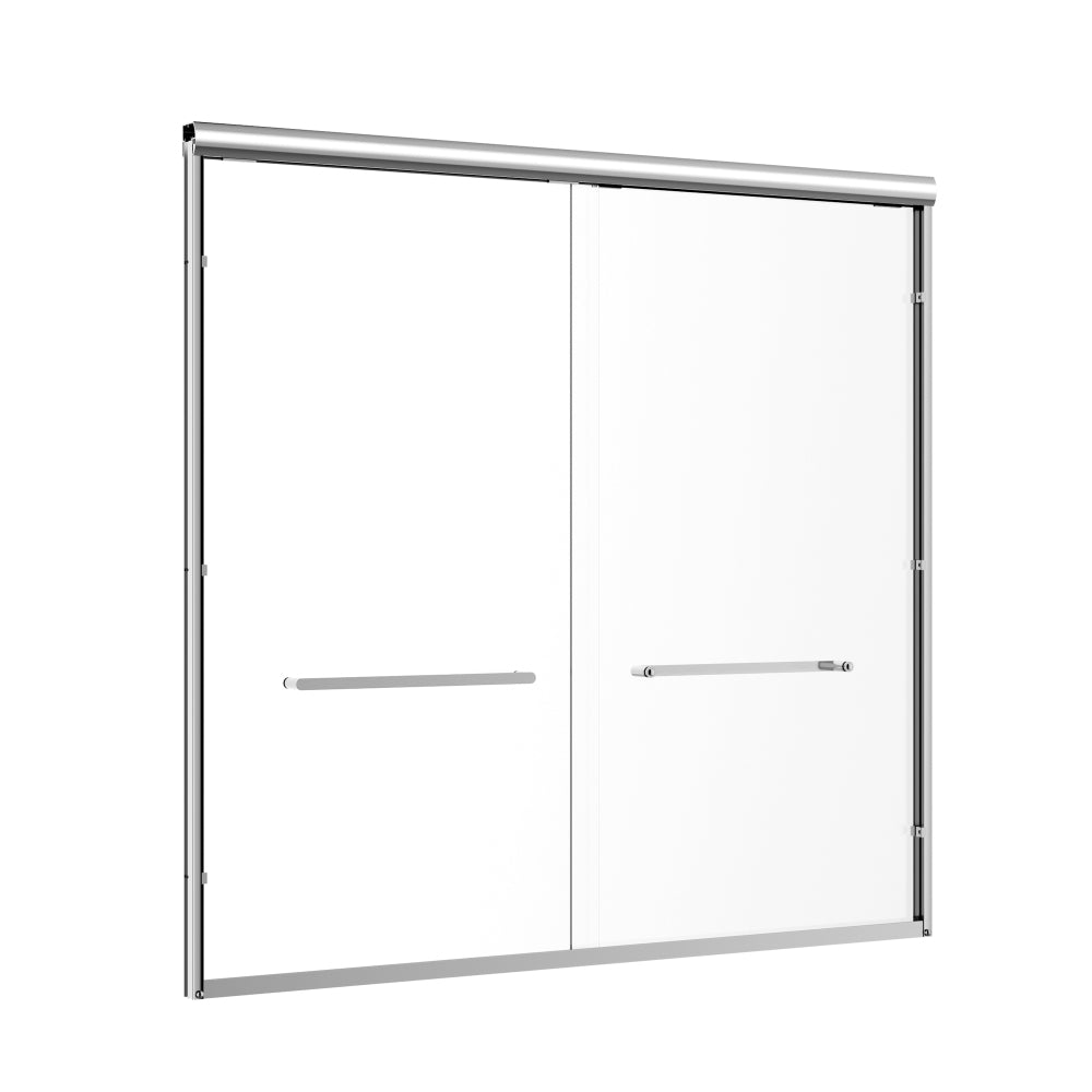 60" W x 57" H Aluminum Frame Double Sliding Shower Door, Soft-Close Chrome Bathtub Door, 1/4" (6mm) Clear Nano-Coated Tempered Glass, Dual Stainless Steel Handles