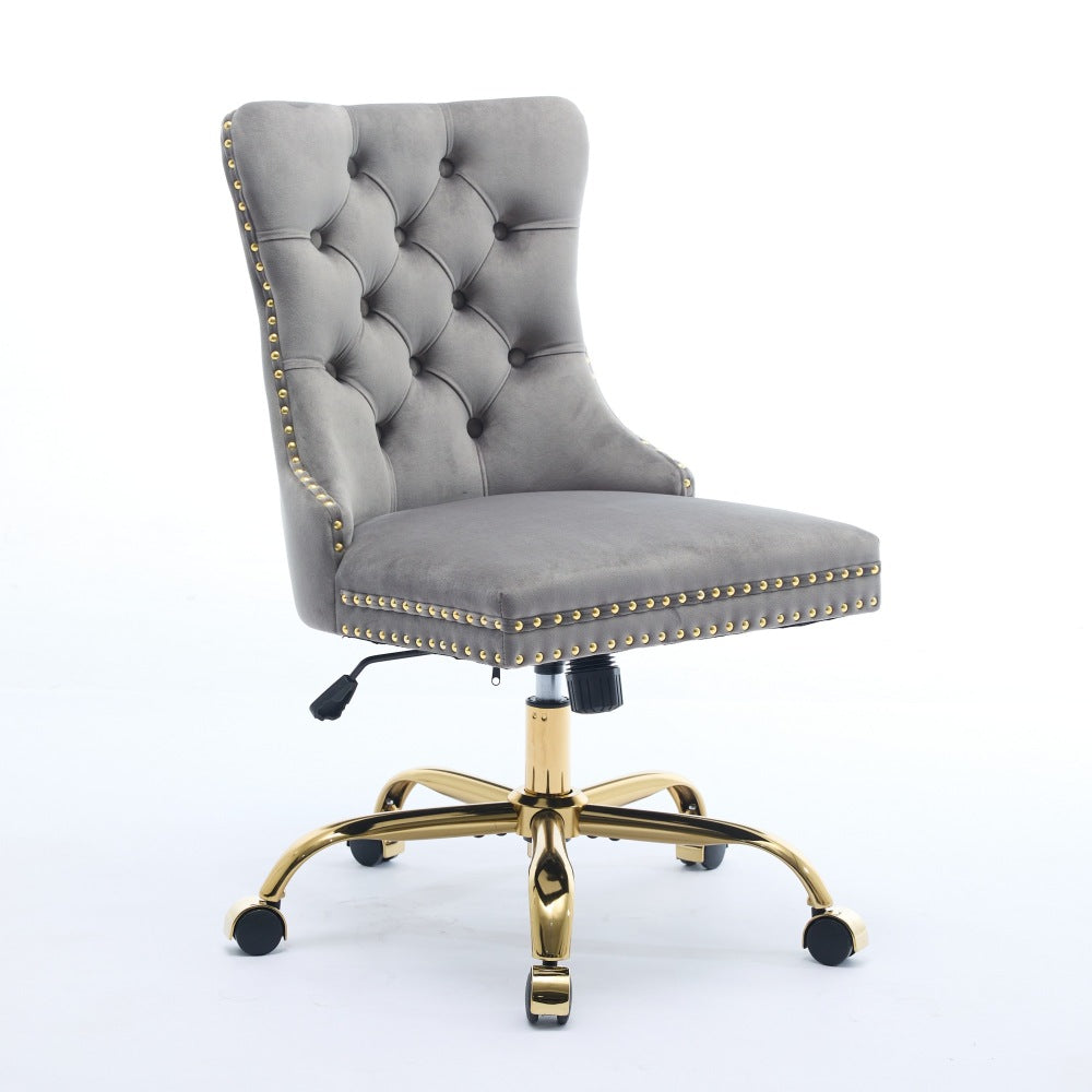A&A Furniture Office Chair,Modern Velvet Upholstered Tufted Button Home Office Chair with Golden Metal Base,Adjustable Desk Chair Swivel Office Chair (Gray)