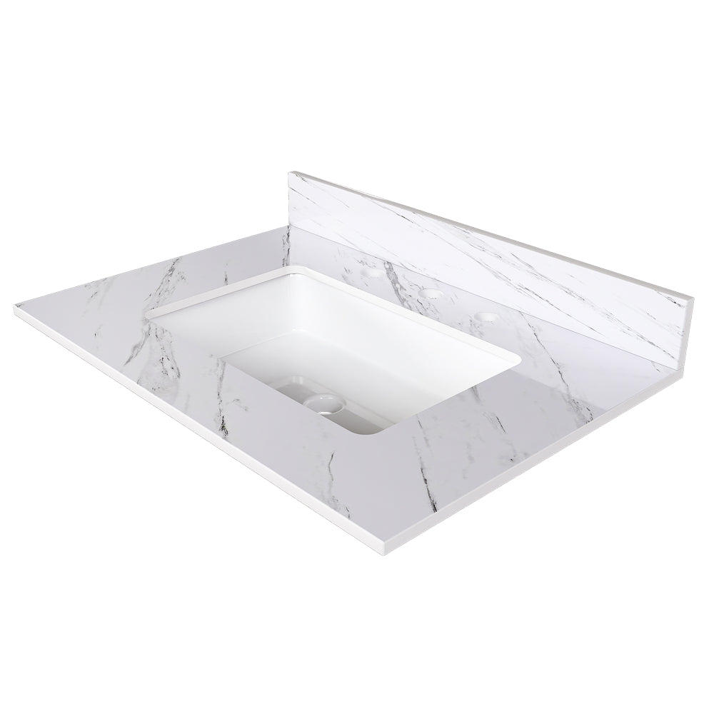 31 Inch Marble Vanity Top, White Vanity Top with Pre-drilled Faucet Holes, Bathroom Vanity Top with Undermount Rectangular Middle Sink and 4" Height Backsplash,  Bianco Carrara Venato