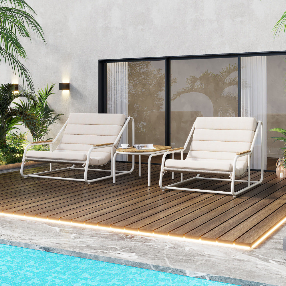 TREXM Outdoor Chaise Lounge Chairs Set of 3, Patio Chaise Lounge Chair with Acacia Side Table, Pool Lounge Chairs for Lawn, Deck, Beach, Beige+White