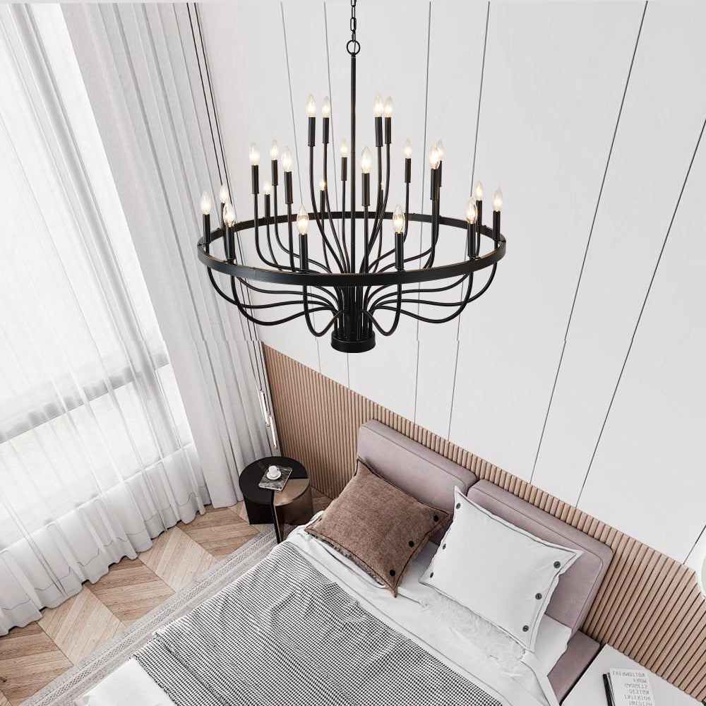 24-Light Black Chandelier Industrial Iron Candle Chandelier Modern Suspended Farmhouse Chandeliers Pendant Light Fixtures for Dining Room Bedroom Living Room Kitchen Island Foyer E12 Bulb (NO Include)