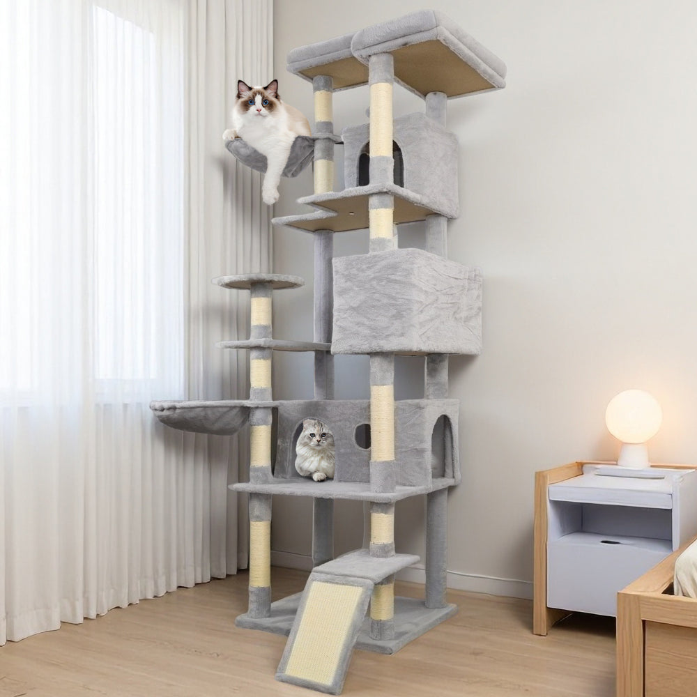 84 in light gray cat tree tower with large condo  sisal scratching post big hammock and top platform