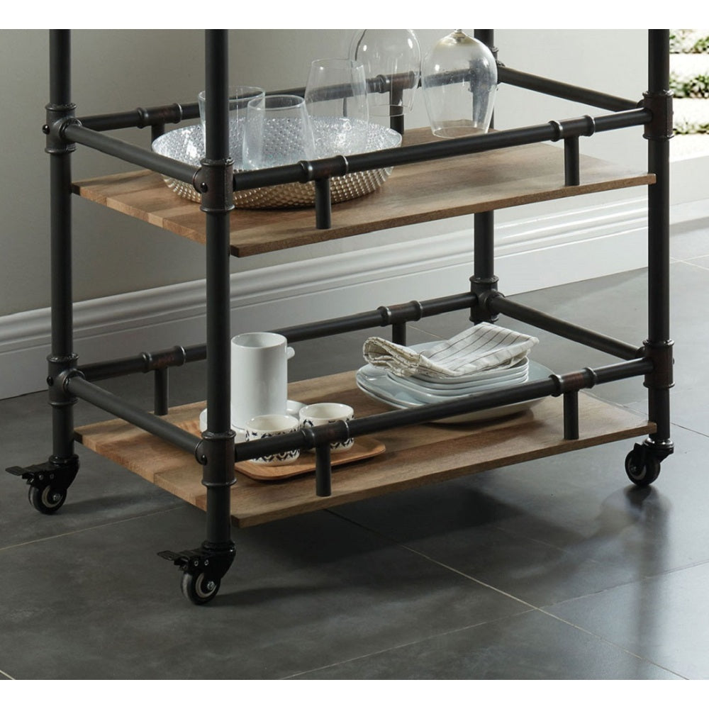 Industrial Style Antique Black Inspired Design Natural Oak 1pc Serving Cart 3-Tier Server w wheels