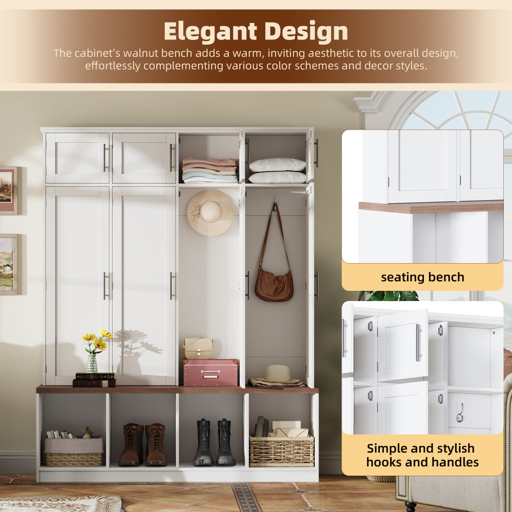 [Assembly Video Provided] ON-TREND Farmhouse Hall Tree with 4 Hidden Hanging Hooks, Versatile Walnut Seating Bench with 8 Doors, Entryway Shoe Cabinet with Open Compartments for Living Room,  White