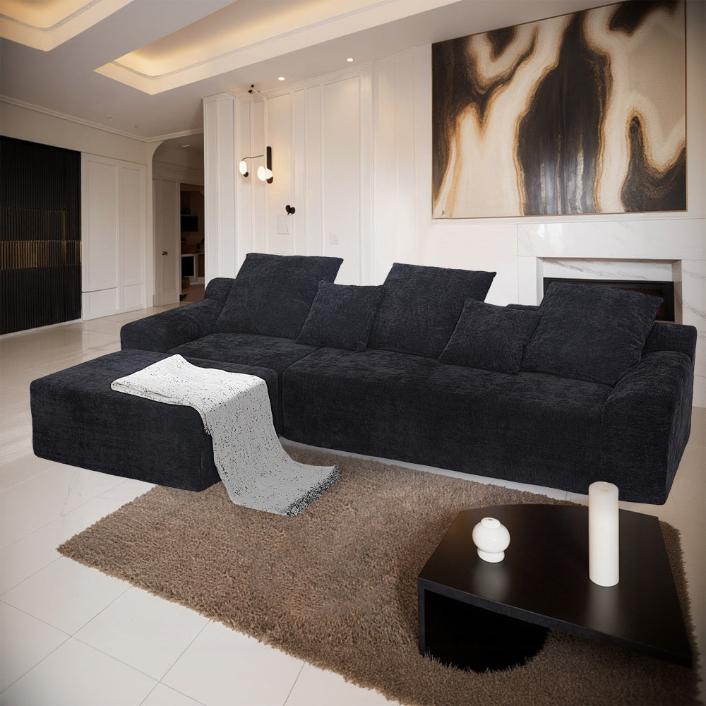 111.2" Modern L-Shaped Sectional Sofa – Modular Velvet Couch with Adjustable Configurations, Soft Melange  chenille Fabric in Black, Stylish & Comfortable for Living Room, Bedroom, and Lounge Areas