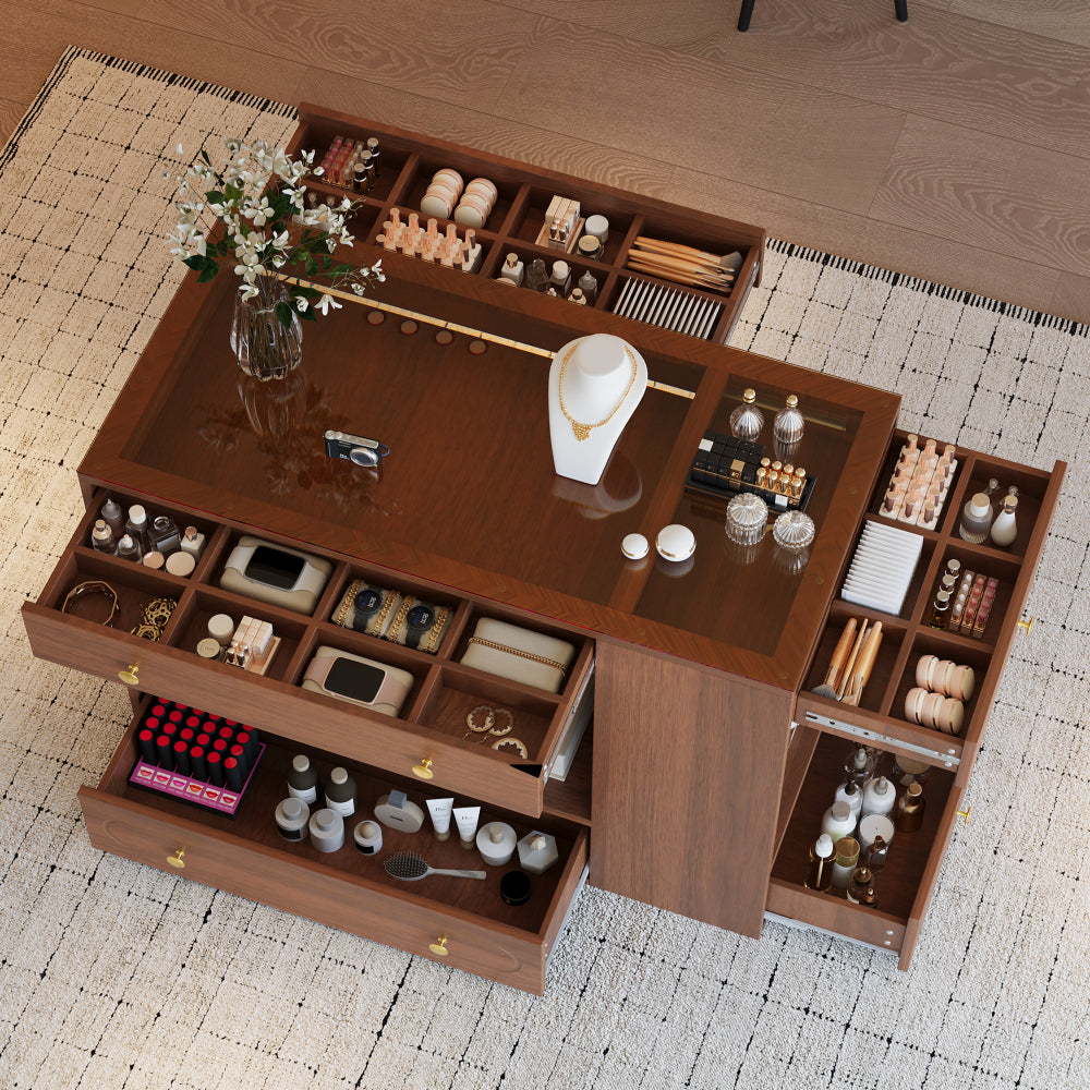 Closet Island with 6 Drawers, Wardrobe Armoire Bedroom Island with Glass Display Top and Open Shelves, Jewelry Storage Vanity Island with compartments, Walk-in Closet Island for Cloakroom, Walnut