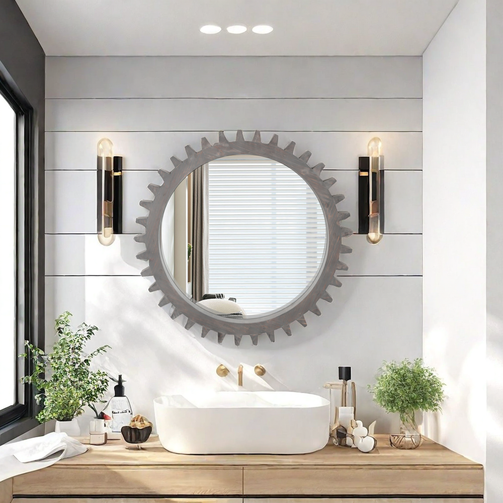 Vintage 34'' x 34'' Wood Round Hanging Gear Shape Heavy Decorative Mirror For Bathroom Living Room Entryway Or Put Together To Your Liking(Antique Dark Brown)
