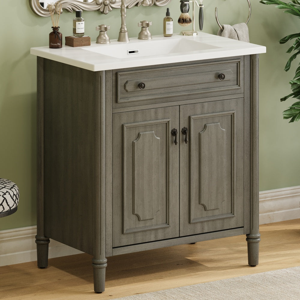 30" Modern Bathroom Vanity with Ceramic Sink, Bathroom Vanity Cabinet with Tempered Blurred Glass and Matte Black Handles, Equipped with Large Storage Space and Rubber Wood Frame, White
