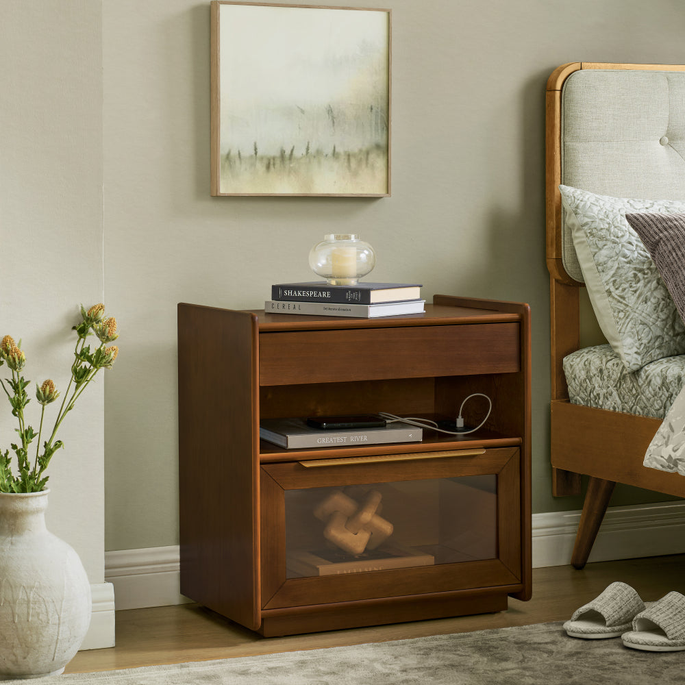 Mid Century Modern Nightstand with Charging Station & Outlet Hole & 2 Drawers, Farmhouse End Table with Open Shelf & Glass Drawer Dresser, Side Cabinet for Living Room Reception Room Dorm, Dark Walnut