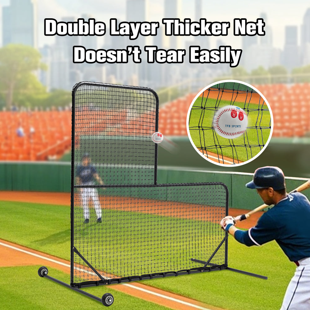 L-Shaped Baseball Net for Batting Cages, Baseball Pitching Net with Wheels  - 84''H x 84''W, with 42'' x 42'' Cutouts,include Carry Bag