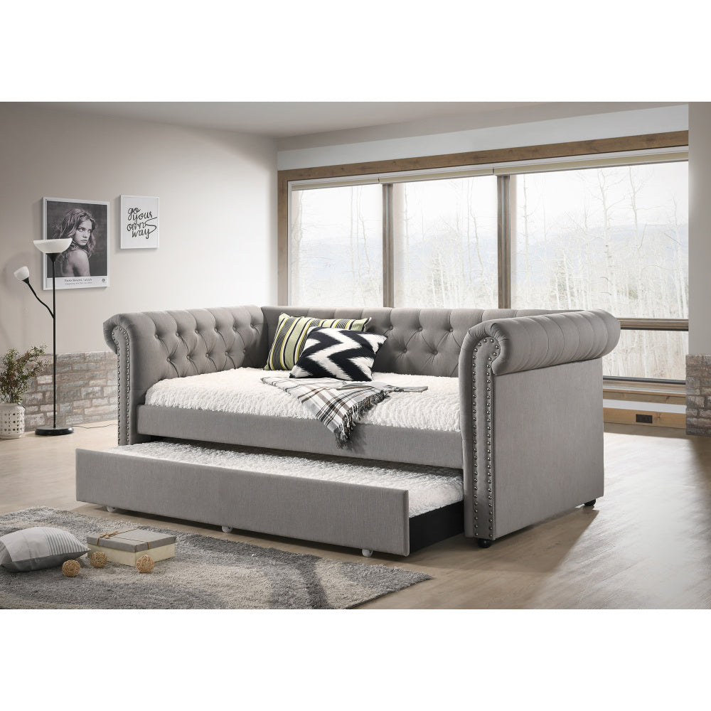 Luxurious 1pc Modern Aesthetic Beautifully Button Tufted Nailhead Trim Design Daybed Built-in pull-out Trundle Bed Living Space Guest Room Bedroom Dove Gray