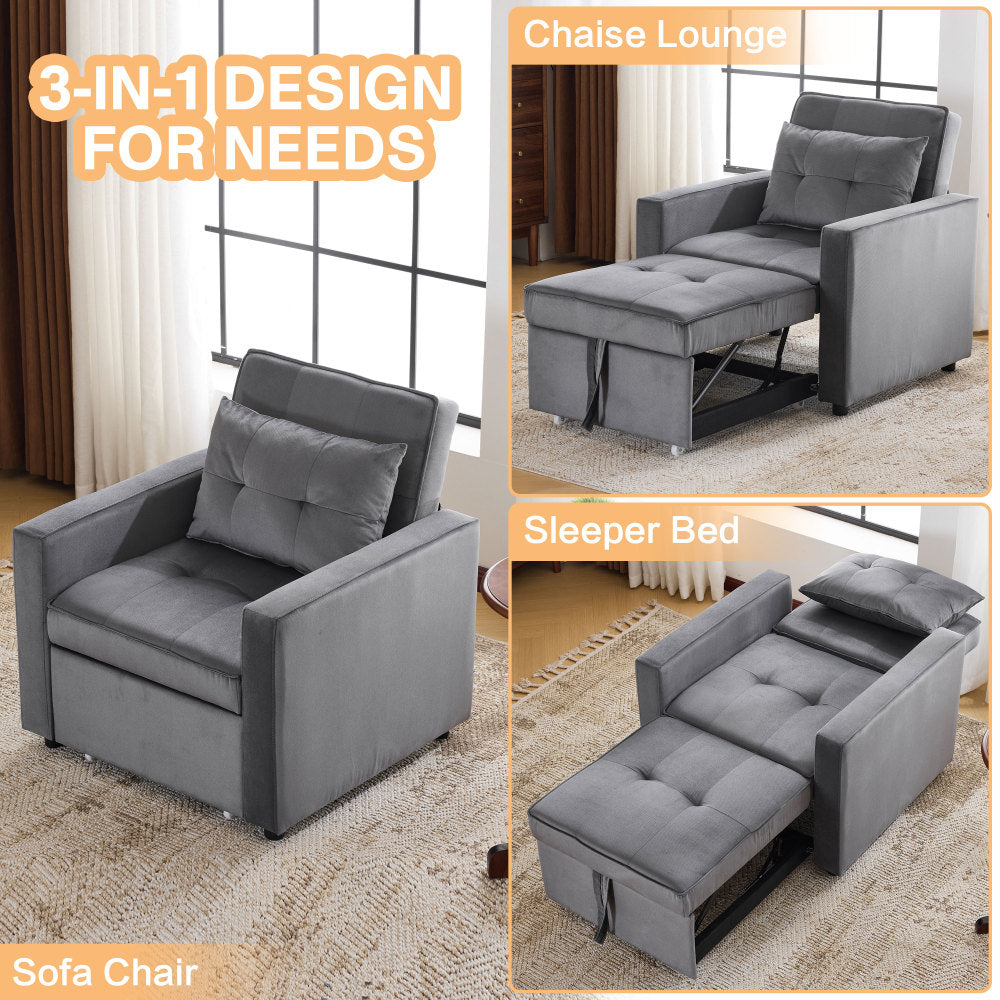 Convertible Sleeper Sofa Chair Bed with Pillow & Pocket, 3-in-1 Sofa Bed Sleeper Chair in Modern Velvet Fabric for Living Room, Bedroom, Study, Apartment, Gray