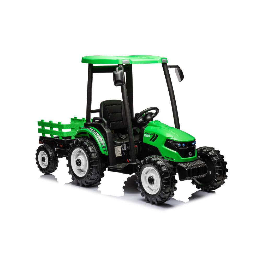 Pedal Tractors with Working Loader and Backhoe Digger, Kids' Ride on Car Toys 24V Battery Powered Electric Vehicles with Trailer, Digger for Toddlers (Green)