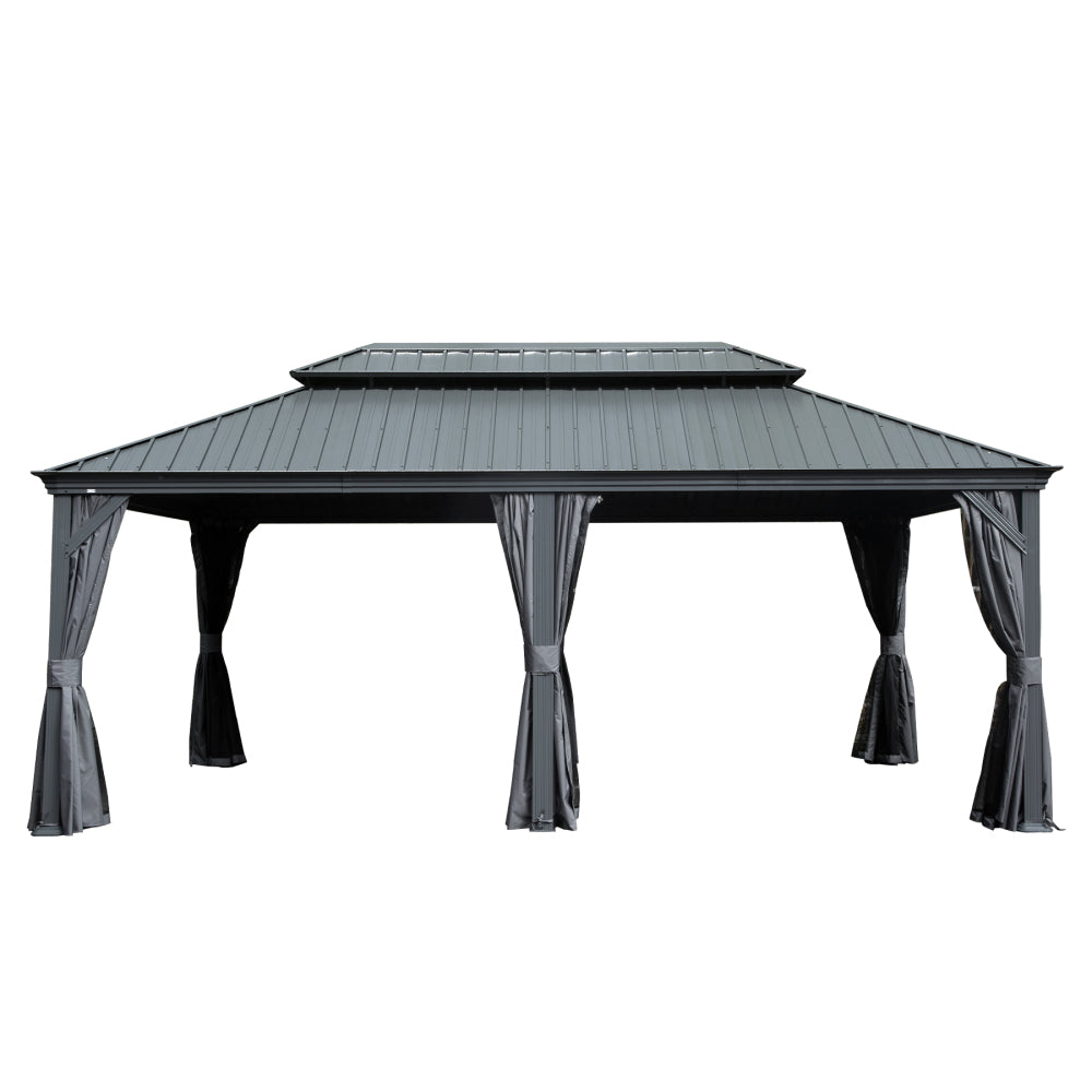 12' X 20' Hardtop Gazebo, Upgraded Metal Gazebo with Drainage System, Dual-Layer Galvanized Steel Roof, Curtain and Netting, Outdoor Shelter Canopy for Patio, Garden, and Backyard, Grey