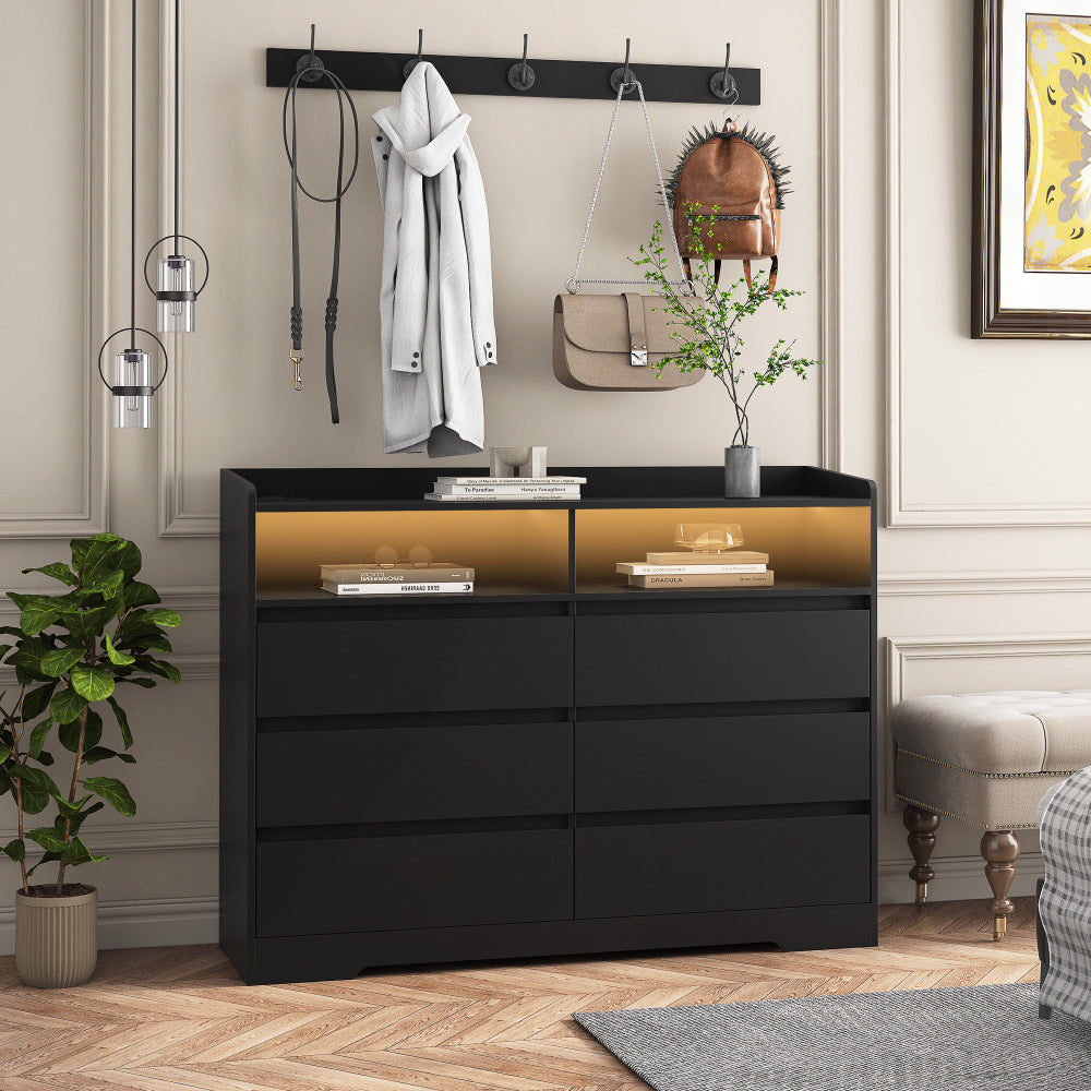 6 Drawer Dresser, White Dresser for Bedroom with LED Lights, Modern Dressers & Chests of Drawers with Sturdy Frame for Living Room, Entryway, Hallway
