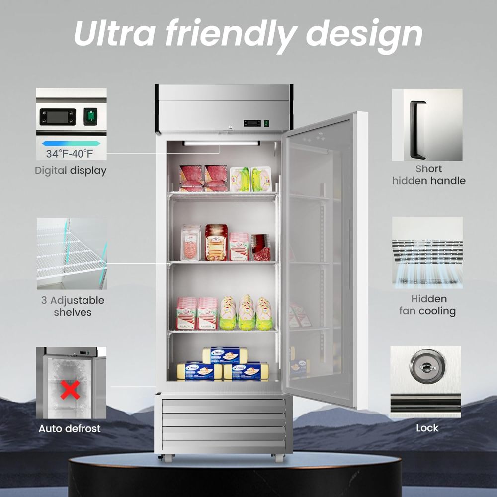 27" W Dynamic Cooling Commercial Refrigerator 23 Cu. Ft OmniSmart Temperature Control 33℉~41℉ Stainless Steel Reach-In Commercial Refrigerator Digital Thermostat LED Lighting 3 Shelves