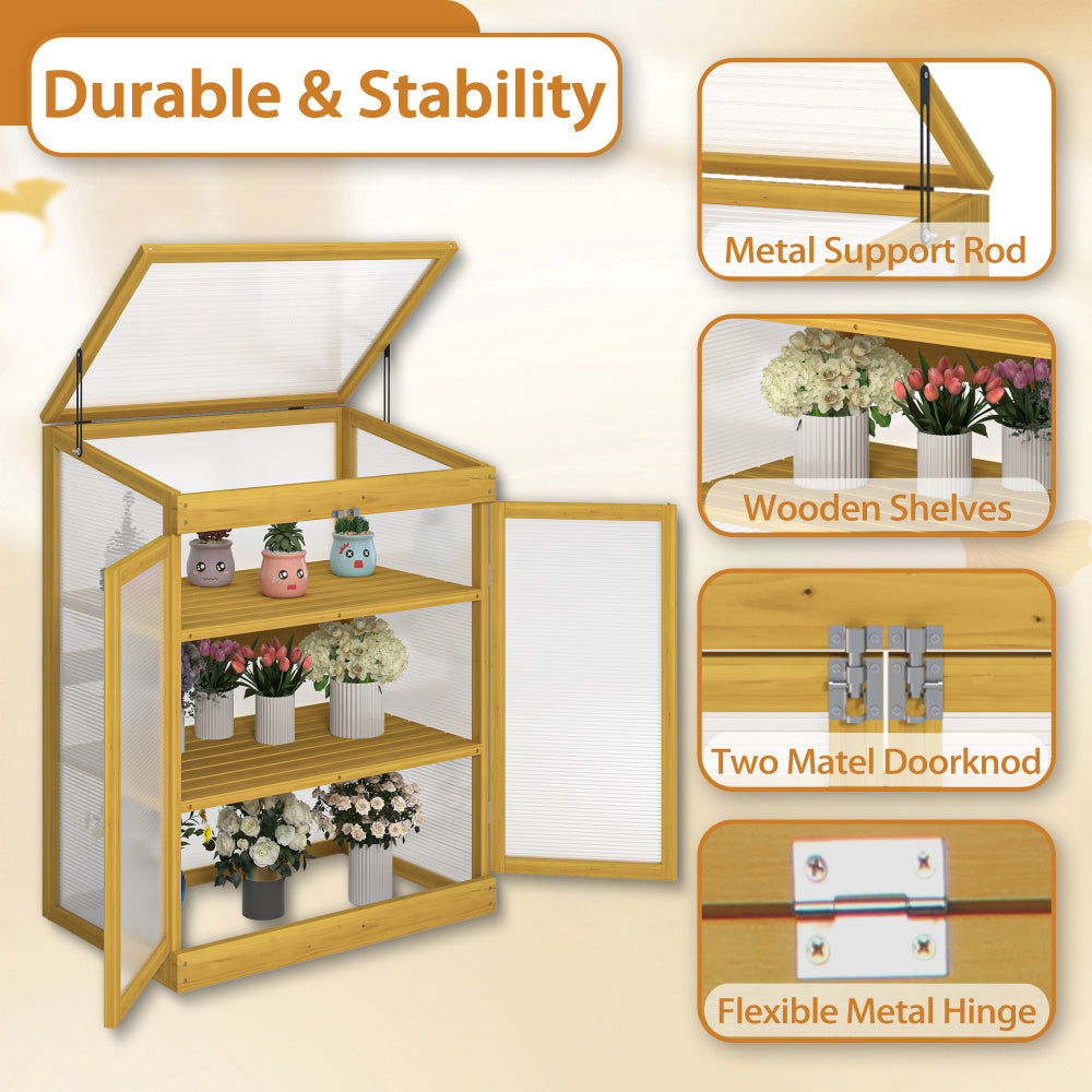 Greenhouse Wooden Cold Frame Greenhouse, Mini Greenhouse for Outdoor, Polycarbonate Garden Greenhouse Cabinet 2-Tier, Keep Plant Warm Enough