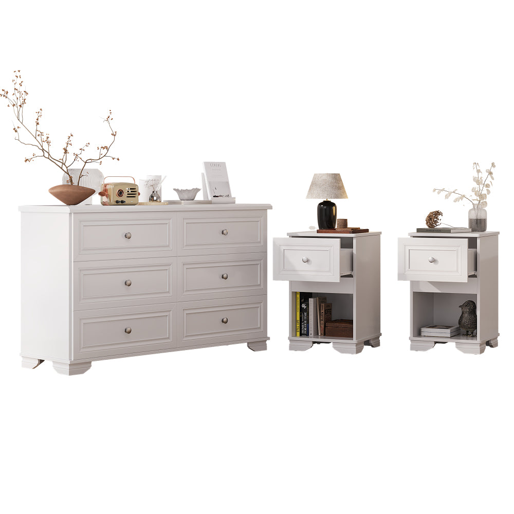 3-Pieces Bedroom Set, 6-Drawer Dresser and Two Nightstands with Metal Handles, Elegant Design and Retro Style,White