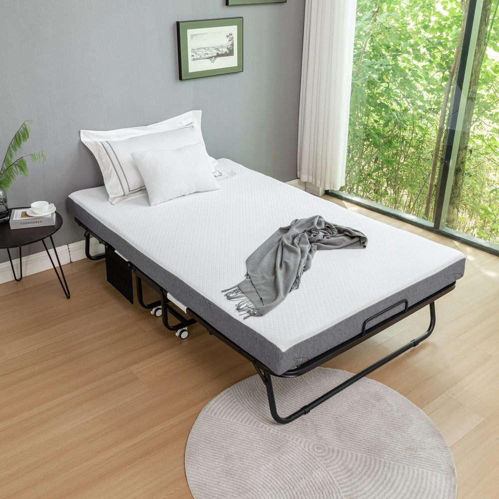 Folding Bed with Mattress, SPortable Foldable Bed with Storage Cover, SRollaway Bed for Adults with Memory Foam Mattress and Metal Frame, SCot Size Guest Bed on Wheels, 75 x 38 inch