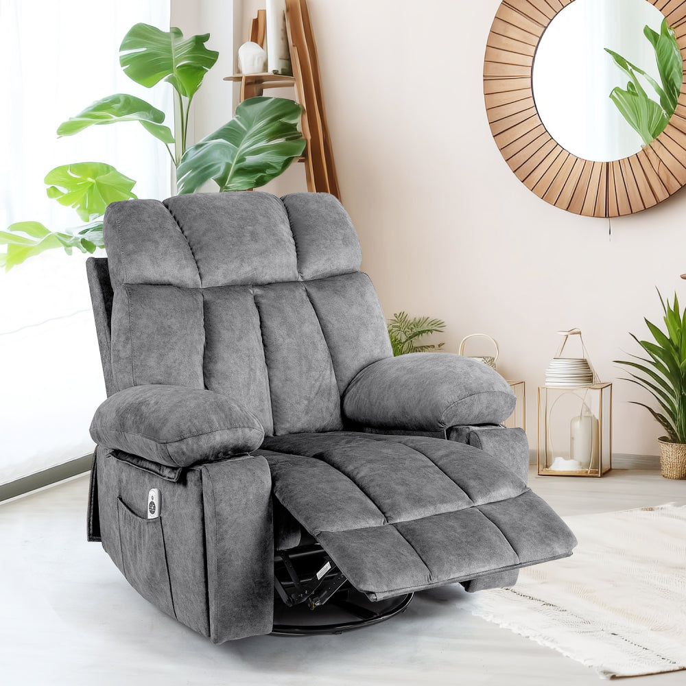 Massage Swivel Rocker Recliner Chair, Massage Chair for Living Room with Vibrating Massage and Heating Function,  Ergonomic Lounge Chair with Rocking Function and Side Pocket, USB Charging Port(Grey)