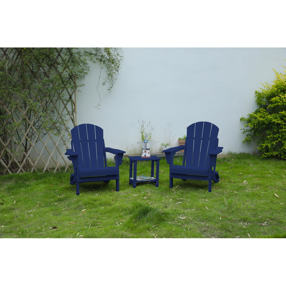 Folding Adirondack Chair with Side Table, 3-Piece Adirondack Chair Set with Wood Texture, Navy Blue(includes 2 Chairs and 1 Table)