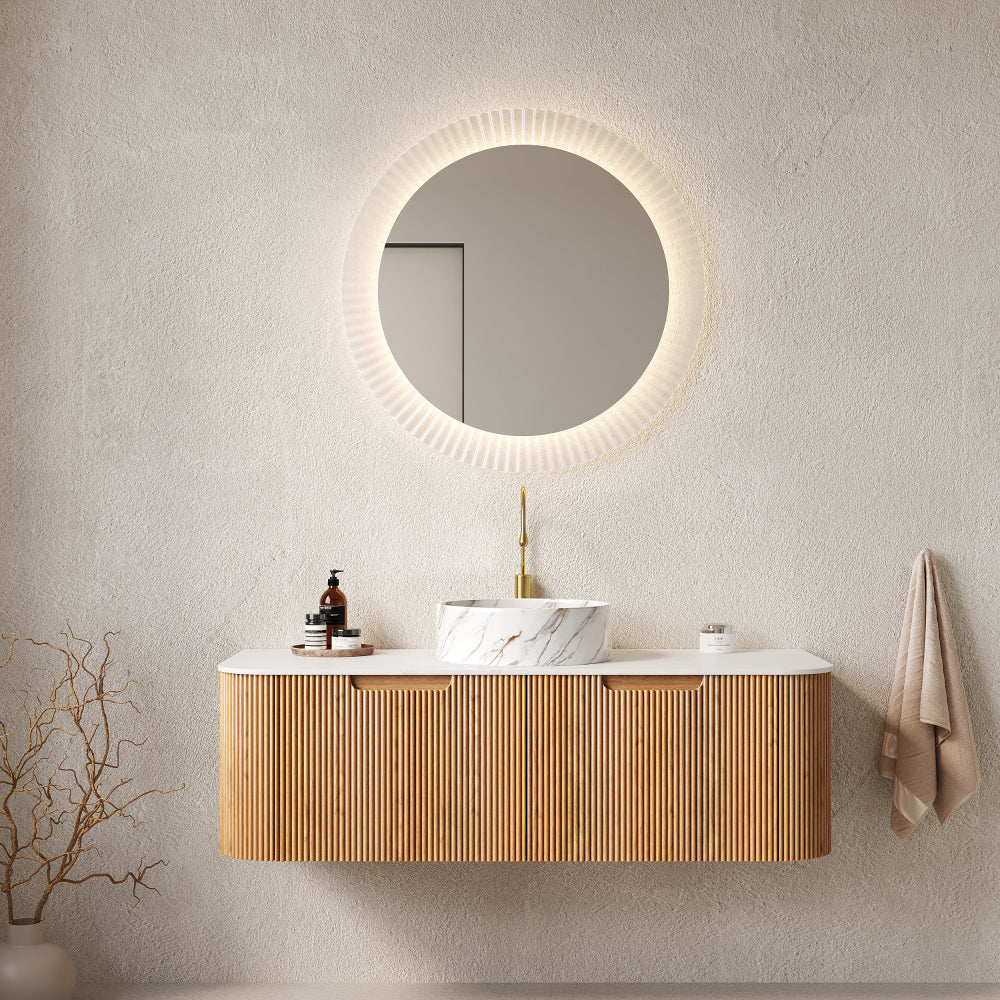 DINA 24" Bathroom Vanity with Sink, Wall-Mounted Floating Curved Edges Striped Bathroom Storage Cabinet with a Drawer, White Round Ceramic Basin without Faucet, Pre-assembled, Natural Woodgrain Color