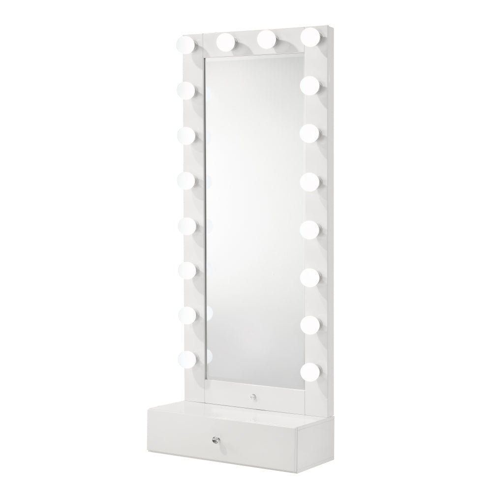 1pc Glam Tall Lighted Mirror with Drawer Box Beveled Mirror Crystal Knob Glossy White Finish Vanity