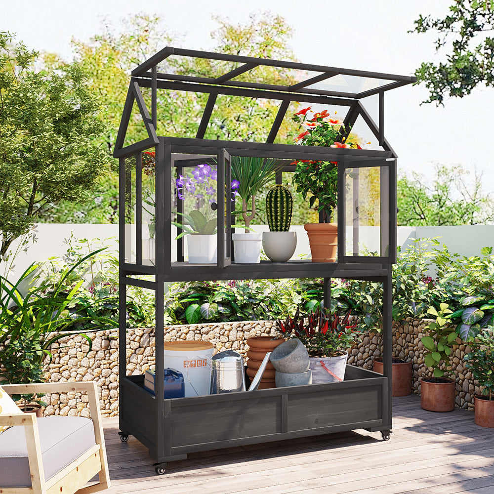 [Assembly Video Available] TOPMAX Garden Wood Portable Cold Frame with Movable Wheels Mini Greenhouse with Openable Roof and Storage Box, Black