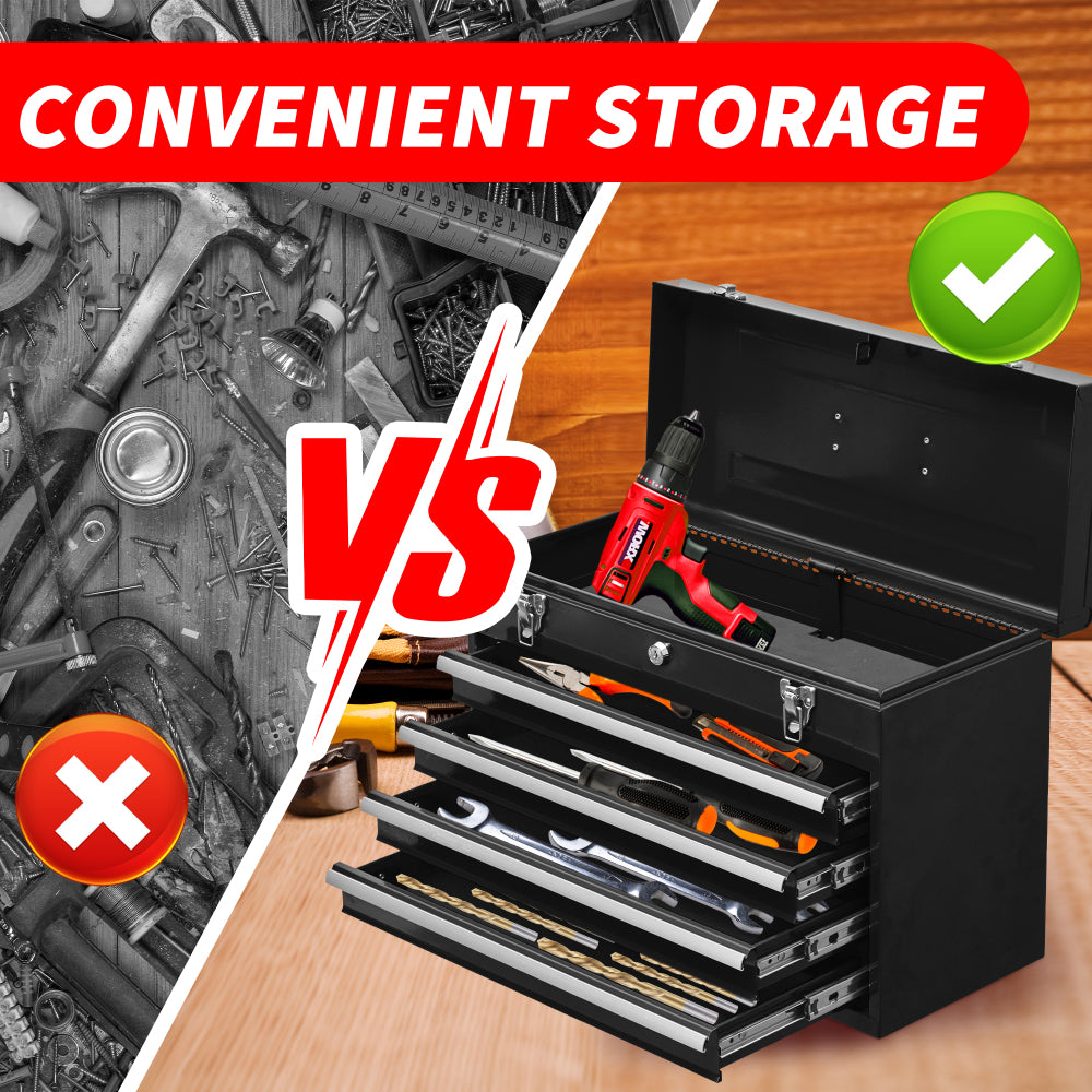 Metal Tool Box with 4 Drawers Portable Steel Tool Chest with Metal Cylinder Lock and Latch Closure, Liner, Powder coating, suitable for Garage, Warehouse and Outdoor Repair job-Black