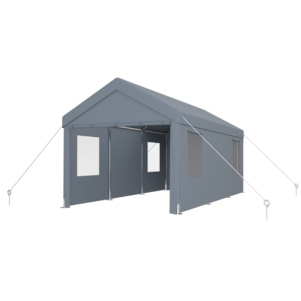 Carport 12' x 20' Portable Garage, Heavy Duty Car Port Canopy with 2 Roll-up Doors & 4 Ventilated Windows for Car, Truck, Boat, Garden Tools,grey