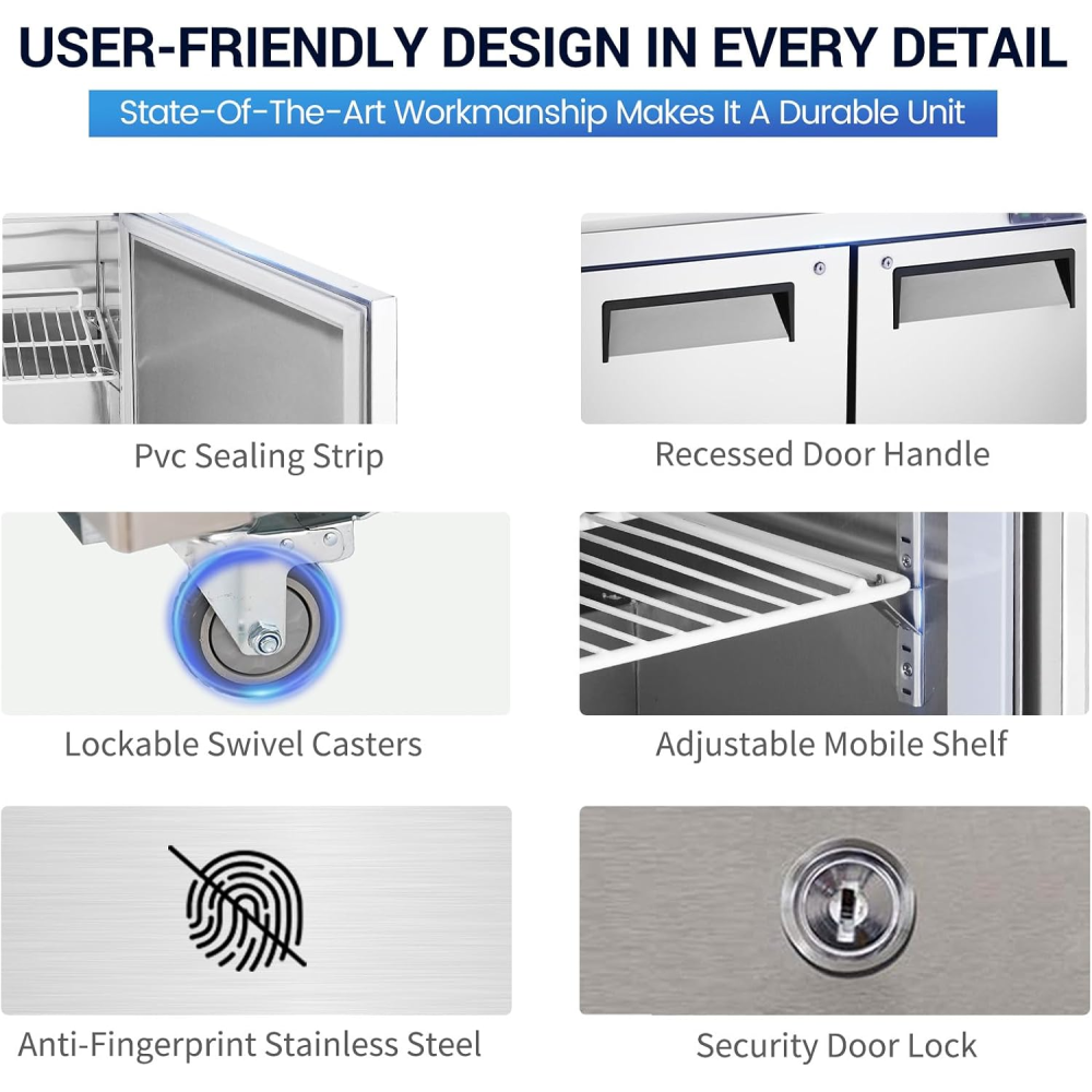 48" W 2 Door Refrigerator Sandwich Salad Prep Table Commercial Stainless Steel Fan Cooling Refrigerator with Cutting Board, 2 Shelves & 12 Pans for Restaurant, Bar, Shop-12.9 Cu.ft