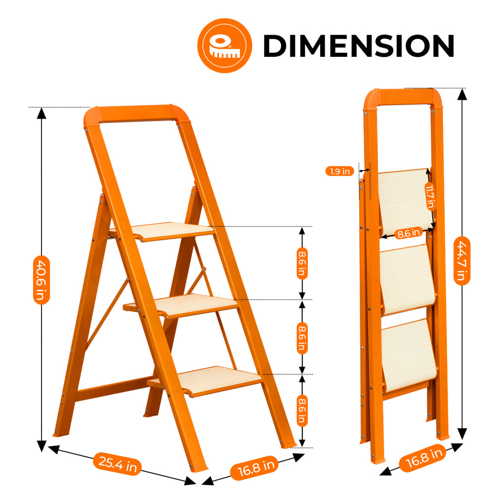 3 Step Ladder Folding Step Stool for Adults with Wide Anti-Slip Pedal, Aluminium Lightweight Foldable Step Ladders for Home Kitchen Office, 580 lbs Capacity