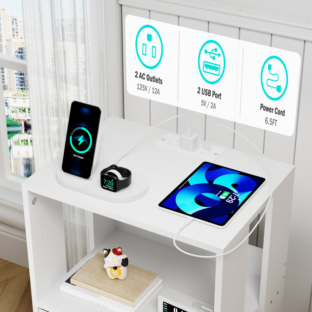 2 Pack Modern Nightstand with Charging Station, Bedside Tables with LED Light and Fabric Drawers