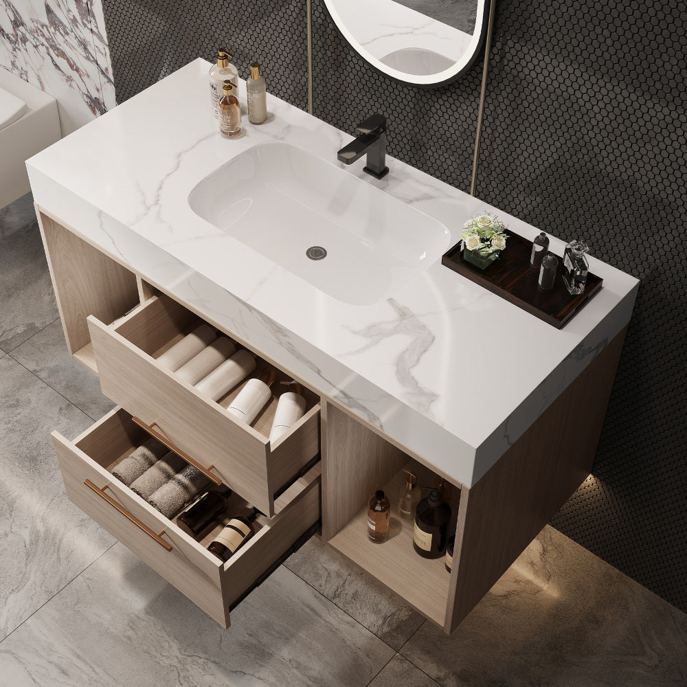 39.4" Bathroom Vanities with Ceramic Sink,Floating Bathroom Vanity,Wall Mounted Storage Cabinet with 2 Drawers and 2 Storage Spaces,Modern Bathroom Sink Cabinet with Metal Handles