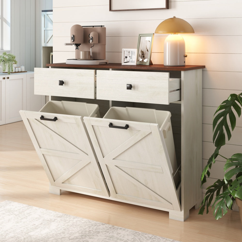 Farmhouse Double Tilt Out Trash Cabinet for 20 Gallon Trash Cans, Free Standing Recycling Cabinet with Hideaway Drawer, Barn Door Style Laundry Sorter Cabinet, Tilt Out Trash Cabinet for Kitchen
