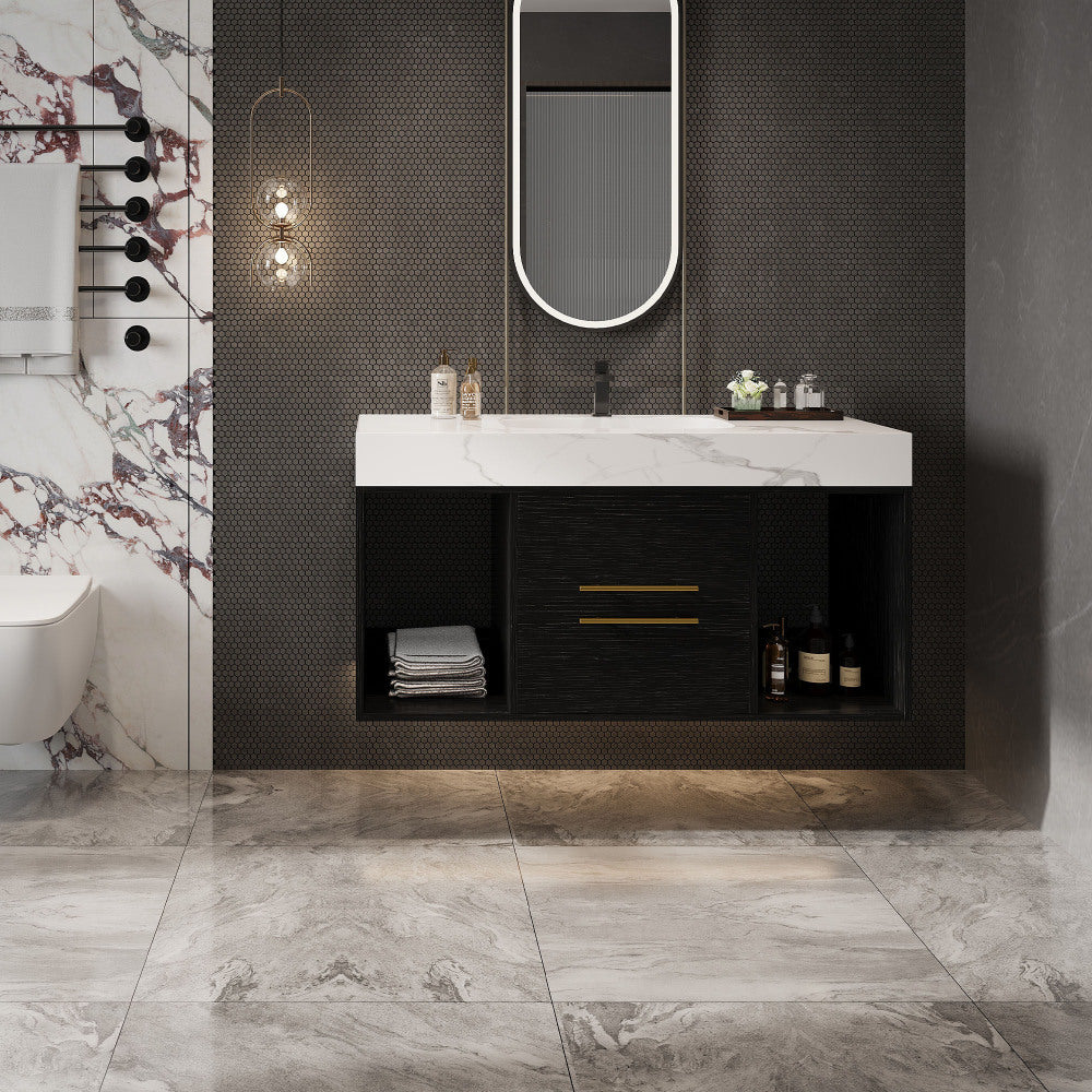 39.4" Bathroom Vanities with Ceramic Sink,Floating Bathroom Vanity,Wall Mounted Storage Cabinet with 2 Drawers and 2 Storage Spaces,Modern Bathroom Sink Cabinet with Metal Handles